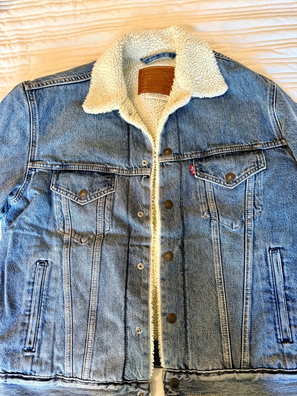 Levi's Premium Light Blue Denim Sherpa-Lined Jacket with Cream Collar